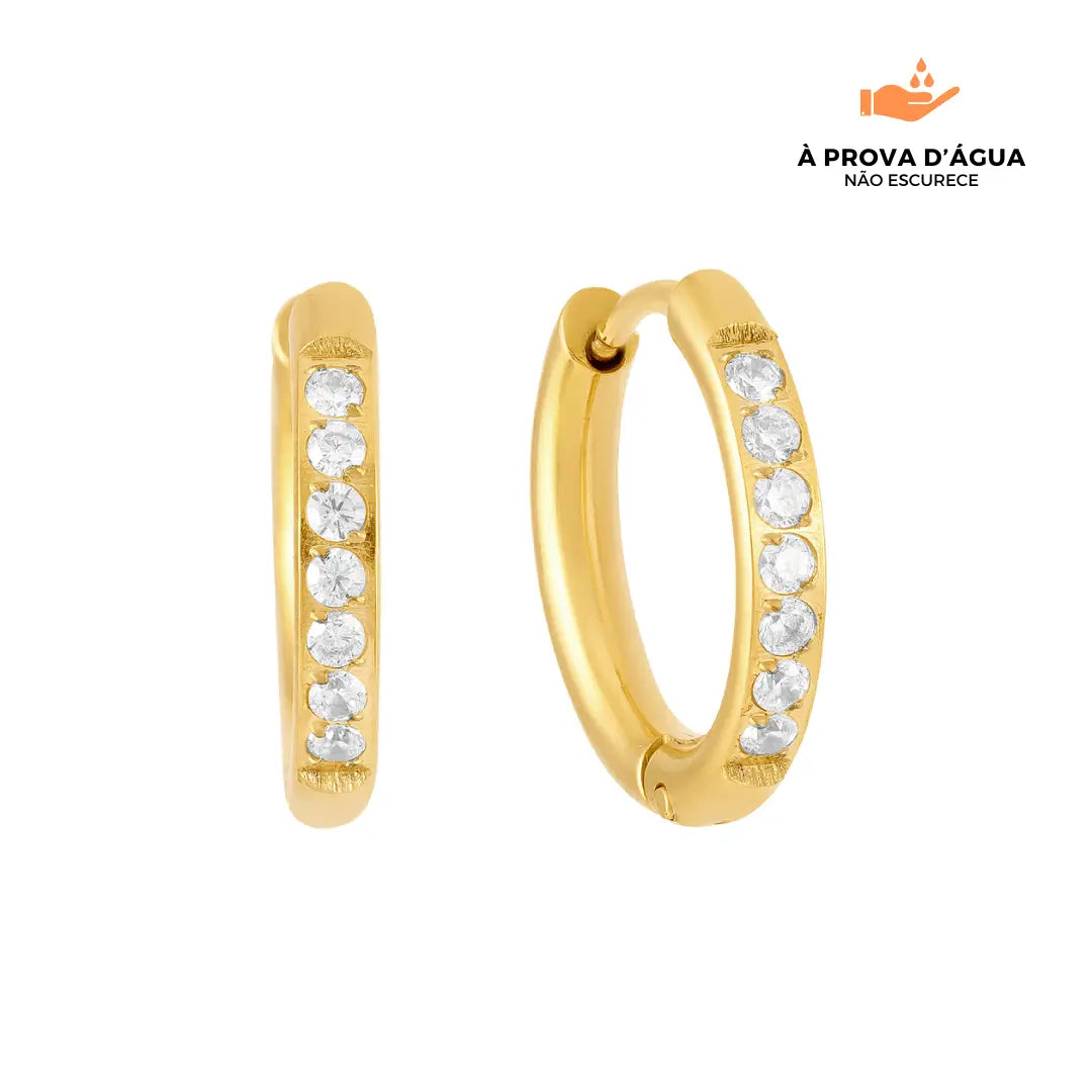 Brincos de Argola com Pedras Brilhantes 12MM Banhados em Ouro 18k