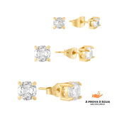 Trio de Brincos Solitário Banhados em Ouro 18k