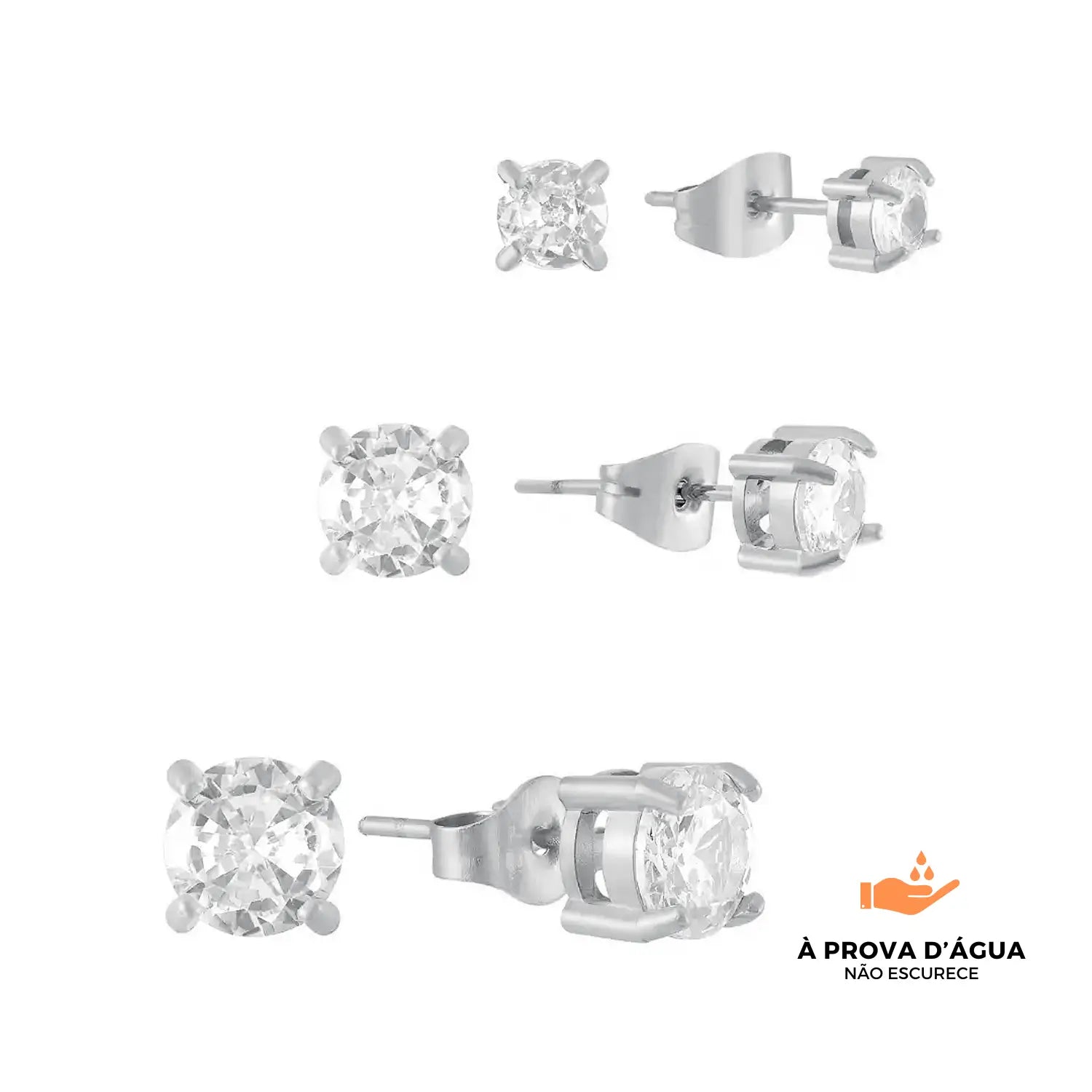 Trio de Brincos Solitário Banhados em Prata