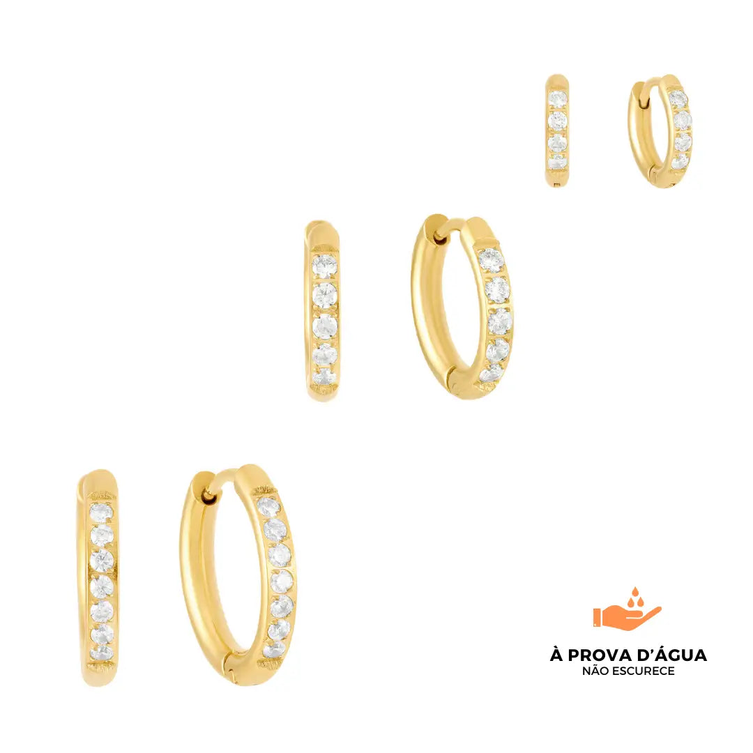 Trio de Brincos de Argola Brilhantes Banhados em Ouro 18k