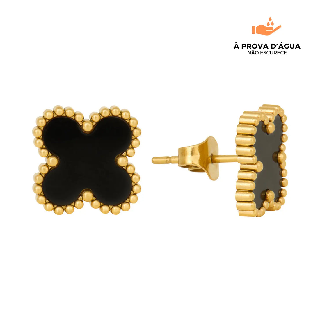 Brincos de Trevo Preto Banhado em Ouro 18k