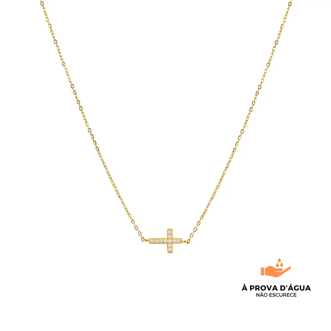 Colar Cruz com Pedras Brilhantes Banhado em Ouro 18k
