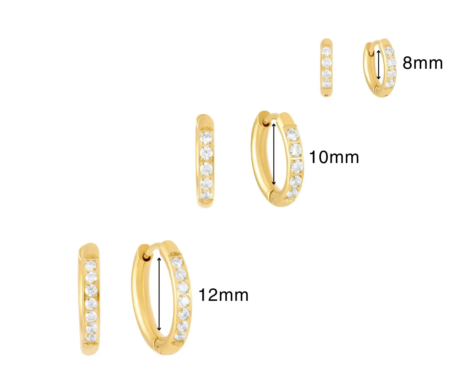 Trio de Brincos de Argola com Pedras Brilhantes Banhados em Ouro 18k