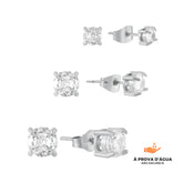 Trio de Brincos Solitário Banhados em Prata