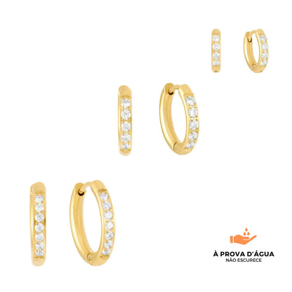 Trio de Brincos de Argola Brilhantes Banhados em Ouro 18k