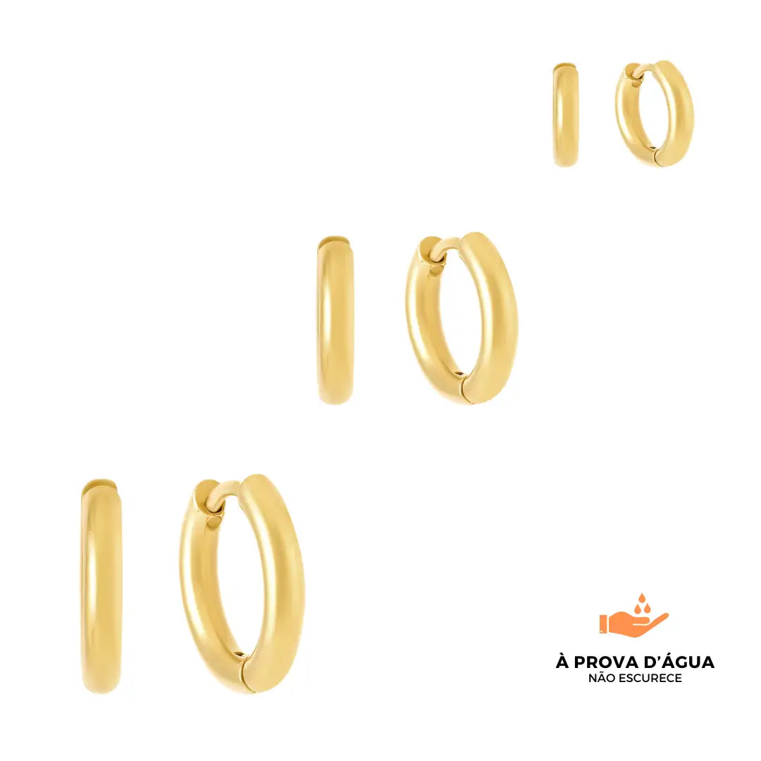 Trio de Brincos de Argola Slim Banhados em Ouro 18k
