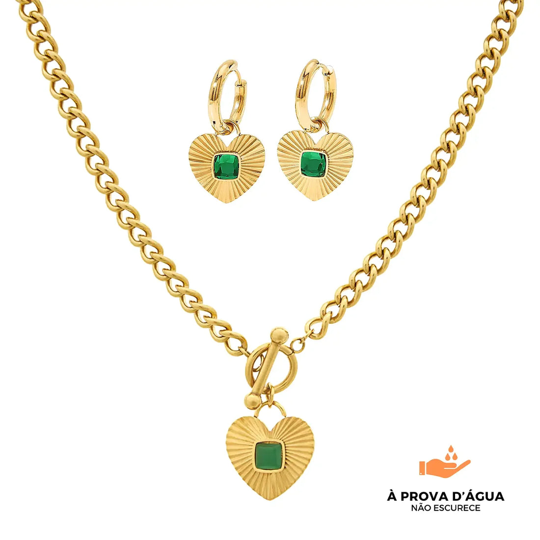 Conjunto Coração Esmeralda Banhado em Ouro 18k