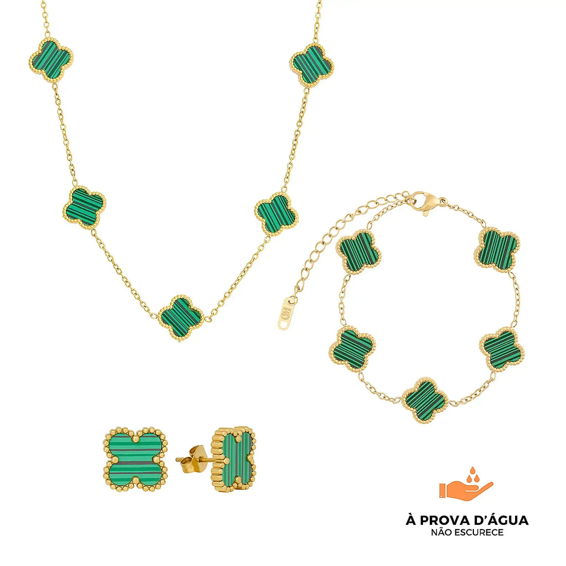 Conjunto Trevo Verde Banhado em Ouro 18k